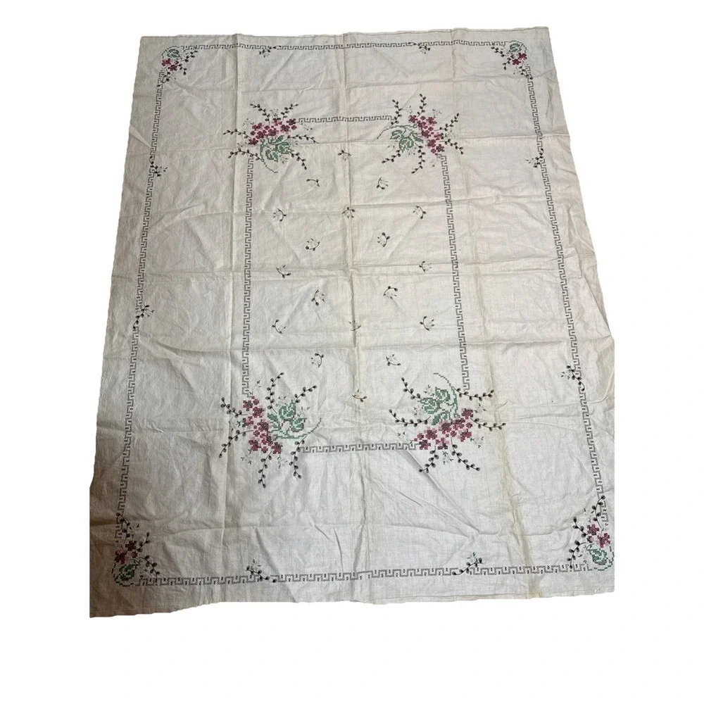 VTG Linen Hand Embroidered Cross Stitch Tablecloth Floral 54x68